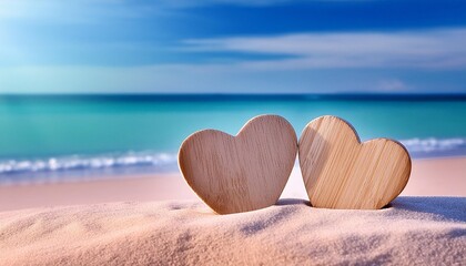 Wall Mural - two wooden hearts on the summer beach
