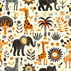 seamless pattern of safari elephants, zebra, giraffes, palm trees, branches with leaves in the savan