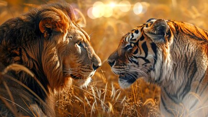 Wall Mural - lion versus tiger, head face to face in jungle video background looping 4k 