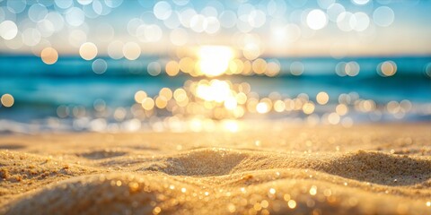 Shoreline Bokeh Blur: A blurred background of the shoreline with abstract bokeh light, highlighting the sandy beach in the foreground.

