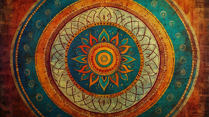 mandala colorful vintage art  ancient Indian background design  old painting texture with multiple mathematical shapes