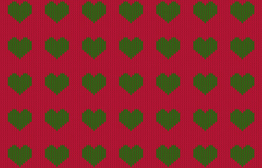 Wall Mural - Knitted seamless pattern with hearts in red and green.Christmas repeat pattern.Knitting vector graphic background.