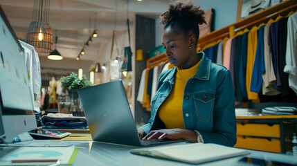 Leinwandbilder - Clipboard laptop and black woman writing in clothing store working on sales or delivery Fashion manager and worker in South Africa in small business fashion shop and planning schedule  : Generative AI