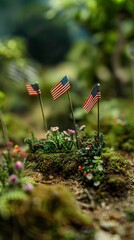 Wall Mural - Lilliputian Memorial Day tableau with tiny flags planted in miniature landscapes.