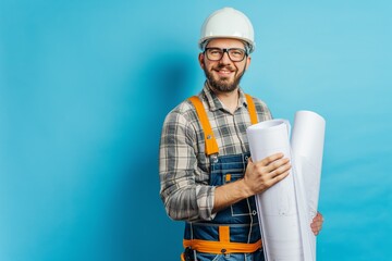 Wall Mural - A successful builder in a uniform and hardhat, holding a blueprint, smiles in a professional portrait.