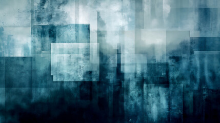 Wall Mural - Abstract dark gray and blue background, foggy cityscape, multiple square windows, grainy texture with blurred soft edges, hazy atmosphere, monochromatic watercolor palette,