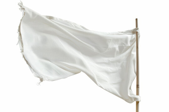 A white flag with frayed edges is held by a wooden pole