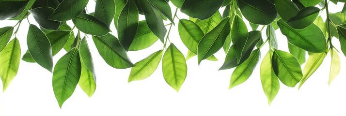 Wall Mural - Closeup of lush green leaves on a twig, symbolizing freshness and growth, isolated on white background.