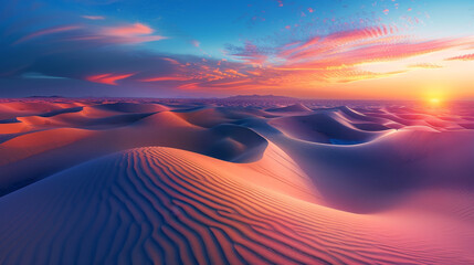 A beautiful sunset over a desert landscape with a few clouds in the sky