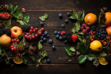 still life with red apples and cherries, currants and strawberries, fresh and juicy fruits against a dark old wooden background, rural vintage style, the concept of fresh and healthy food