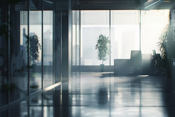 Poster - A large open office space with a view of the city