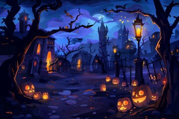 Wall Mural - Spooky Halloween Celebration with Lanterns Illustration