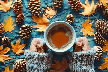 Wall Mural - Floral autumn background. A mug of coffee in a woman's hand in a sweater on the green background with yellow falling leaves maple and cones. Hello autumn.