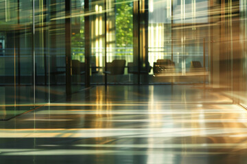 Poster - A large room with a lot of glass windows and a shiny floor