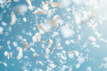 Poster - The image is of a blue sky with white feathers scattered throughout