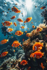 Wall Mural - In the vibrant depths of the Sea, a colorful swarm of exotic fish thrives among coral reefs.