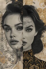 Canvas Print - Captivating Collage Portrait of Elegant Female Subject with Ornate Art Deco and Striking Facial Expression