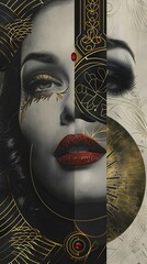 Canvas Print - Captivating Collage Portrait:Alluring Woman with Art Deco Patterns and Striking Facial Features