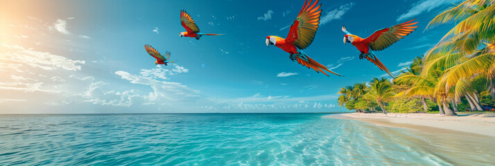 Colorful parrots soar over the tranquil coastline, framed by blue skies and azure waters.