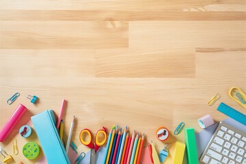 Wall Mural - Frame of school supplies on wooden background. Back to school concept.