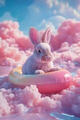 Poster - Cozy Rabbit Floating on Inflatable Boat in Dreamy Cloud-Filled Sky