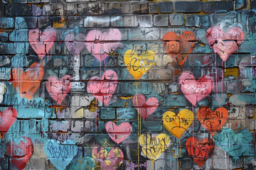 Wall Mural - A wall covered in graffiti with many hearts painted on it