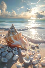 Wall Mural - Serene Beachfront Scene with Vibrant Seashell Amid Miniature Shells