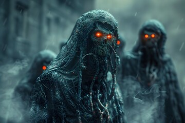 Poster - Sinister Hooded Figures with Glowing Eyes Lurk in Decaying Apocalyptic Cityscape