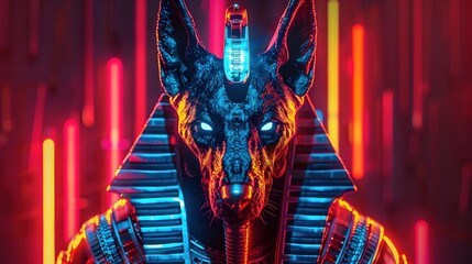 Sticker - Striking Depiction of Ancient Egyptian God Anubis Guiding Souls to the Afterlife with Bold Neon Accents