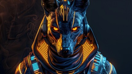 Wall Mural - Striking Portrait of Anubis,the Powerful Egyptian Deity with Piercing Gaze and Bold Neon Accents