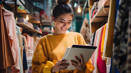 Poster - Happy woman fashion designer and tablet in logistics or small business management at boutique Female person or entrepreneur smile with technology in supply chain stock or shipping at r : Generative AI