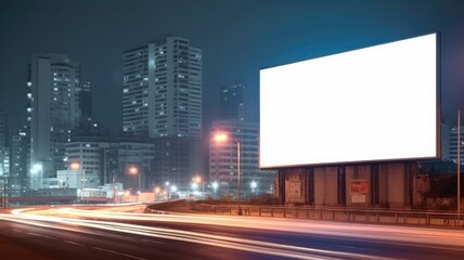 Wall Mural - A mockup of billboard with white color blank space setting in between building of city. A large big board perfect for advertisement of business to promote product or announcement to public. AIG35.