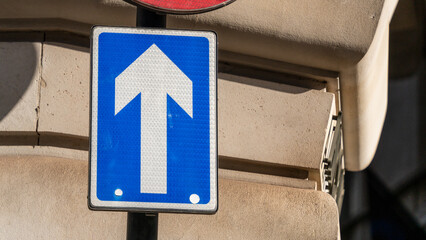 Blue and white one-way street sign 