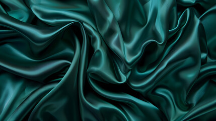 Poster - Dark teal green silk satin Shiny smooth fabric Soft folds Luxury background with space for design web banner Flat lay top view table Birthday Christmas Valentine New year : Generative AI