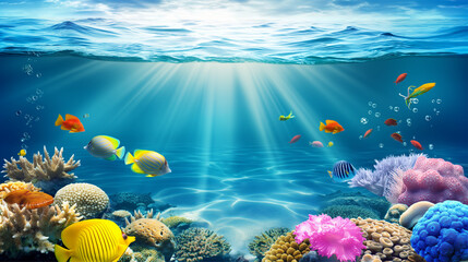 A vibrant underwater scene showcasing colorful fishes swimming around a diverse coral reef, with sunlight filtering through the water, creating a stunning marine environment.