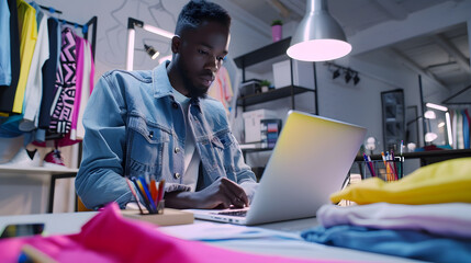 African American fashion designer creates clothes in 3D modeling software on laptop using digital tablet and stylus He works in atelier workshop Concept of fashion and technologies in  : Generative AI