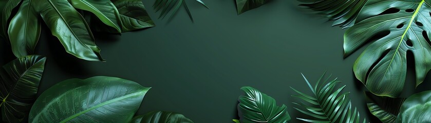 Wall Mural - A lush, tropical banner with vibrant green leaves and a dark background.
