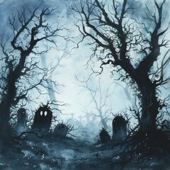 Wall Mural - Graveyard Border with Spooky Trees and Fog