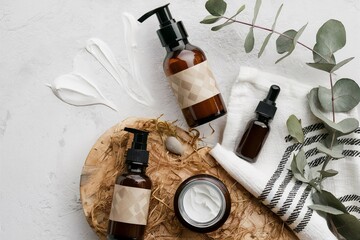 Wall Mural - Set of natural organic SPA beauty products on wooden board with eucalyptus leaves. Amber glass cosmetic bottles top view.