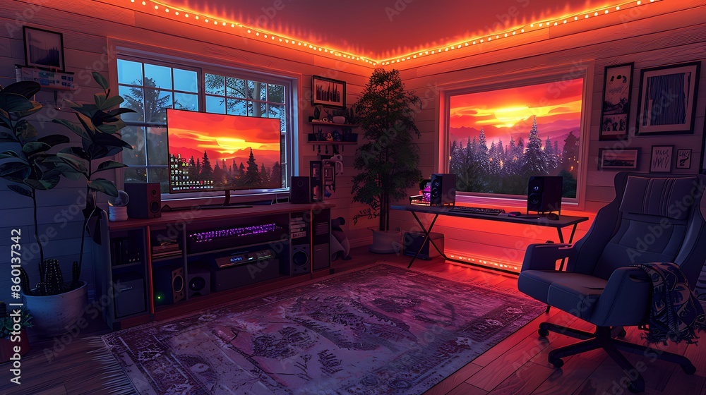 Rustic Gamer Picures A realistic photo of a serene gamer's retreat with a custom-built ...