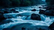 © Shehnaz - Neon dark blue and purple colors, a river with rushed, powerful, forceful water, breaking rocks and gushing down