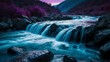 © Shehnaz - Neon dark blue and purple colors, a river with rushed, powerful, forceful water, breaking rocks and gushing down