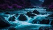 © Shehnaz - Neon dark blue and purple colors, a river with rushed, powerful, forceful water, breaking rocks and gushing down