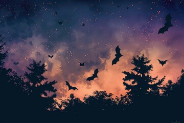 Wall Mural - Halloween Night Sky with Bats Illustration