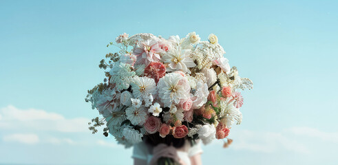 Wall Mural - A girl  holding a huge bouquet of flowers with her head 