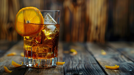 Poster - delicious old fashion cocktail in the etched glass with ice and orange slices dark wooden background vertical side view : Generative AI