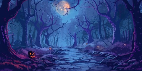 Wall Mural - Haunted Forest Path Halloween Background Illustration