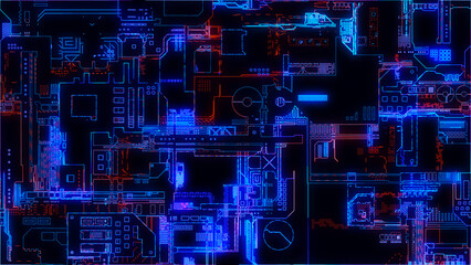 Poster - Printed circuit board. Visualization of advanced technology concept: PCB processor microchip, digitization of neural networks and cloud computing. Digital lines transmit data. 