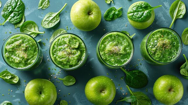 Green apples and fresh spinach leaves are laid out beautifully with glasses of green smoothies, showcasing the combined health benefits of these nutritious foods.