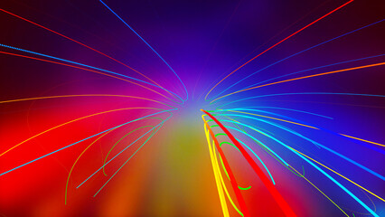 Poster - Neon color glowing lines background. Rainbow stripes background illustration. Linear abstract background in all colors of the rainbow, retro style lines in 3D perspective on a dark background.